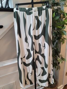 Yozy Wide-Leg Pants Women's Size XXL Olive Cream Abstract Wave Print Casual